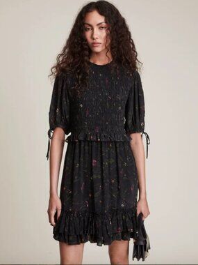 All Saints Black Floral Jaya Heligan Prairie Smock Mini Short Puff Sleeve Dress